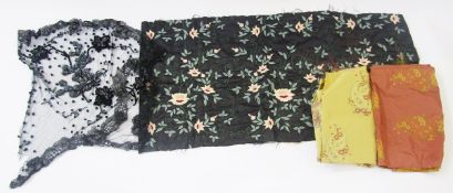 Two pieces of late 19th century silk embroidered remnants, one yellow with red and blue flowers