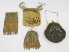 Edwardian silk and metal thread ribbon work purse/bag embroidered as an antique urn with coloured