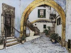 Mid-20th Century Continental School Coloured etching on paper Continental archway street scene,