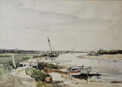 John Sutton (b.1935)  Watercolour drawing  Boats in a harbour with town in background, signed