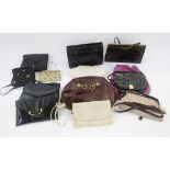 Assorted vintage bags to include a vintage crocodile bag, a dark brown patent bag printed with