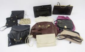 Assorted vintage bags to include a vintage crocodile bag, a dark brown patent bag printed with