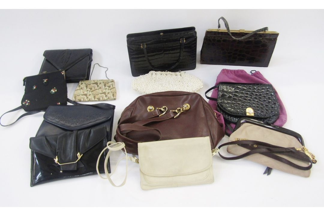 Assorted vintage bags to include a vintage crocodile bag, a dark brown patent bag printed with - Image 1 of 3