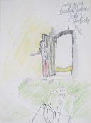 John Bratby, pencil and crayon sketch, Looking Up From Beaufort Sunken Garden, figure beside