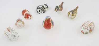 Eight Royal Crown Derby animal and bird paperweights to include Bunny, Misty, Meadow Rabbit,