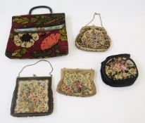 Three petitpoint evening bags with brass-coloured metal fixed frame, chain handles, a small tapestry