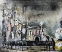 Peter Dixon  Mixed media  View of a church, signed lower right, framed and glazed, 22cm x 26cm