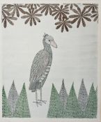 Keiko Minami (Japanese, 1909/11-2004) Etching in colours on paper  Bird amongst trees and leaves