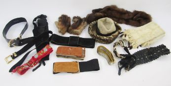 Quantity of 1980's and 90's belts, an ermine fur tippet, and a vintage hat with fur and leather
