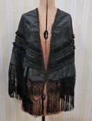 Victorian black satin cape with passementerie braid details and deep fringe, a satin underdress, a