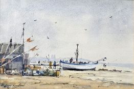 Sidney Cardew (b.1931)  Watercolour on paper Coastal scene with boat moored by hut, signed lower
