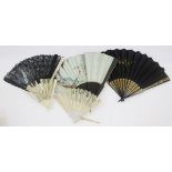 19th century fan with wooden sticks and guards, satin, painted with a continental girl going to