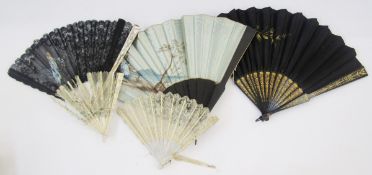 19th century fan with wooden sticks and guards, satin, painted with a continental girl going to