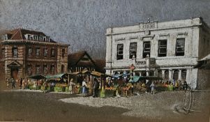 Diana Stanley (20th-21st Century) Pastel on paper  Market Town Square, signed lower left, 20.3cm x