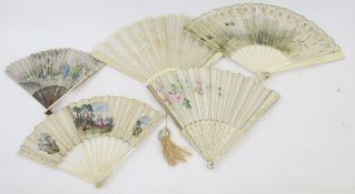 Bone fan with carved detail, silk and lace, painted with floral decorations and spangles, in a