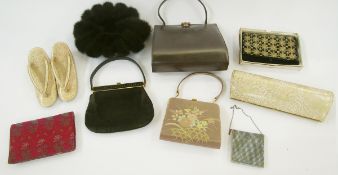 Black velvet hat trimmed with dark brown mink, labelled Sheldon, various vintage evening bags, and a