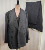 A gent's 1940's/50's suit, with waistcoat, grey and black stripes, double breasted, extra large,