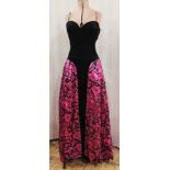 Frank Usher evening gown, strapless, black velvet bodice with a pink and black cut velvet full