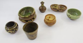 Sidney Tustin for Winchcombe items viz:- brown glazed beaker with wave decoration, 9.5cm high x