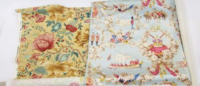 Quantity of various carved wooden curtain poles, with accessories, a bolt of furnishing by Testra '