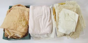 A quantity of vintage items to include 1940's satin embroidered apricot coloured bedspread, a