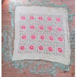 Large silk Chinese shawl, pale green ground embroidered with peonies, deep fringe  Condition