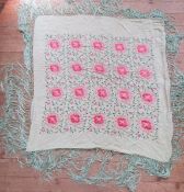Large silk Chinese shawl, pale green ground embroidered with peonies, deep fringe  Condition