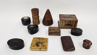 Collection of small boxes and treen items including three 19th century papiermache snuff boxes,