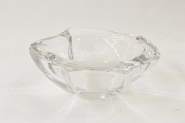 Daum clear glass bowl, irregular shaped and panelled, etched Daum, France to the side, 16.5cm wide x