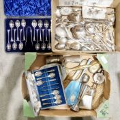 Mixed lot of silver plate and metalware including a glass and silver plate sardine dish and fork, an