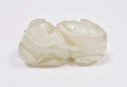 Chinese carved pale jade group of two peaches and bats, carved with leafy tendrils and two bats