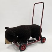 Mid-century Deans Gwentoy push-along child's toy in the form of a soft brown bear on metal frame