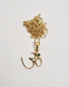 Yellow metal gem set pendant, the loop stamped 18ct, attached to various knotted chains, most of the