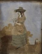 Regency silkwork embroidery depicting a woman wearing a bonnet and holding flowers in her hand, on a