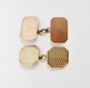 9ct gold single chain pattern cufflink with octagonal engine-turned ends and another 9ct with shaped