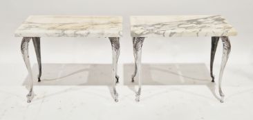 Pair of coffee tables having rectangular arabescato marble tops, on aluminium moulded acanthus