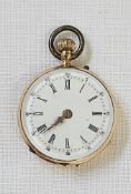 Continental 15ct gold small fob watch, button winding with white enamel dial engraved back, 27mm