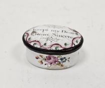 Georgian Bilston type enamel patch box, of oval form, the hinged lid with motto ' Accept my dear,