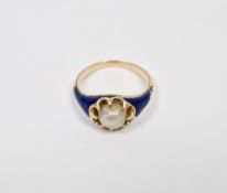 Antique gold-coloured metal, enamel and pearl ring, the pearl claw set with blue enamel shoulders (