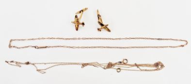 9ct gold fine rectangular link chain and two other fine gold chains (broken) and a pair 9ct gold