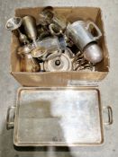 Mixed lot of silver plate including a twin-handled tray, tankards, goblets, a Ronson Diana
