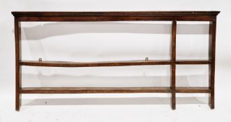 George III oak and elm dresser rack converted to wall hanging, the moulded cornice over two long