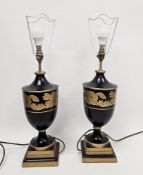 Pair of table lamps in the Regency manner, of urn form on stepped square bases, having gold-coloured