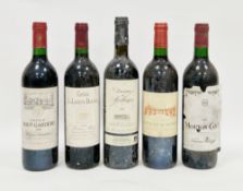 Five bottles of red wine to include 1984 Mouton Cadet, Baron Philippe; Chateau Haut-Gardere 1989;
