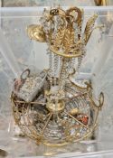 Gilt brass and cut glass five-branch basket chandelier, the acanthus leaf corona holding cut glass