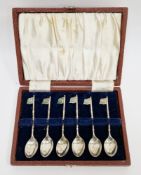 900 grade set of six cased silver and enamel teaspoons, the finials in the form of Pakistan flag,