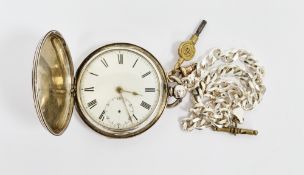 Victorian silver full hunter pocket watch, the enamel dial with Roman numeral hour markers,