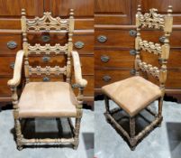 Set of ten mid-century Spanish cherrywood dining chairs (including two carvers), each with carved