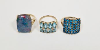 Three 9ct gold lady's dress rings, all set with blue stones, one of which is an opal, gross weight