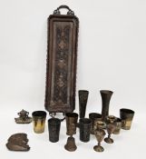 Collection of metalware including Indian brass inlaid goblets, tray and vases, Kashmir white metal